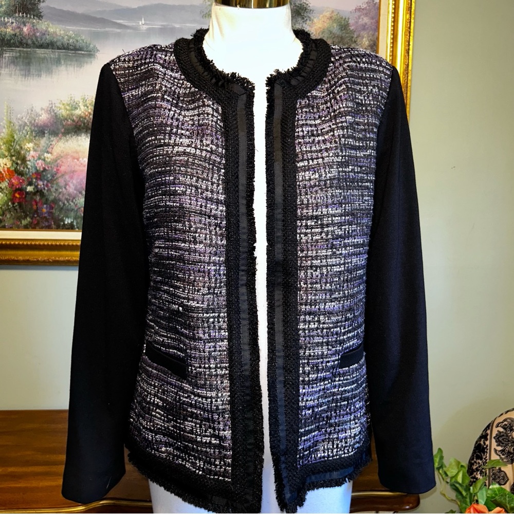 Chico's Purple Metallic Gold Tweed Fringe Open Front Blazer Jacket